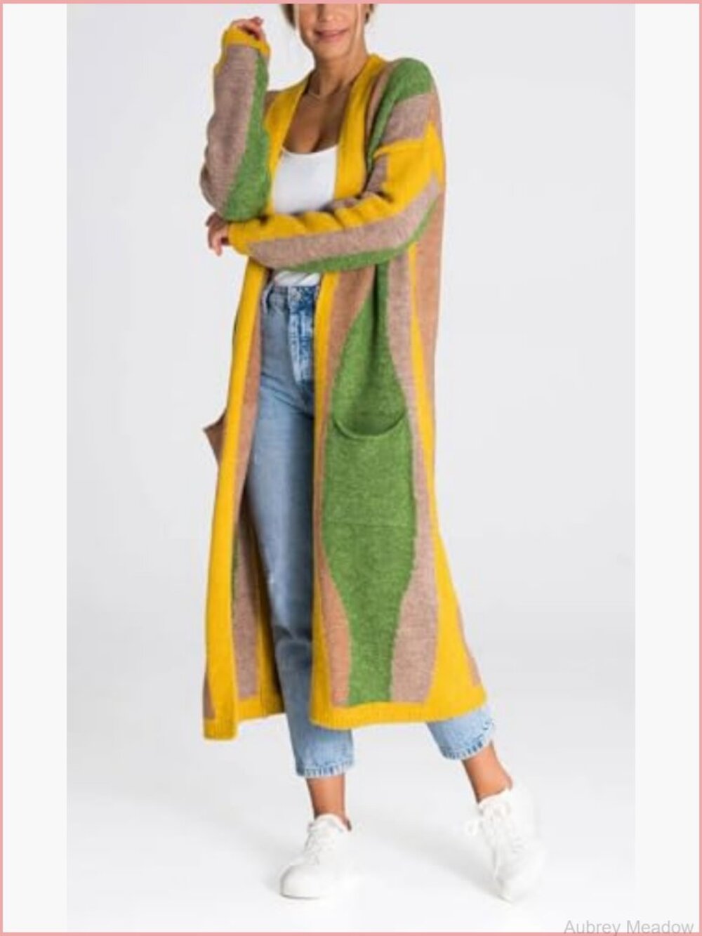 Open Front Color Block Long Cardigan Sweater Coat Casual Vertical Striped - Picture 3 of 4